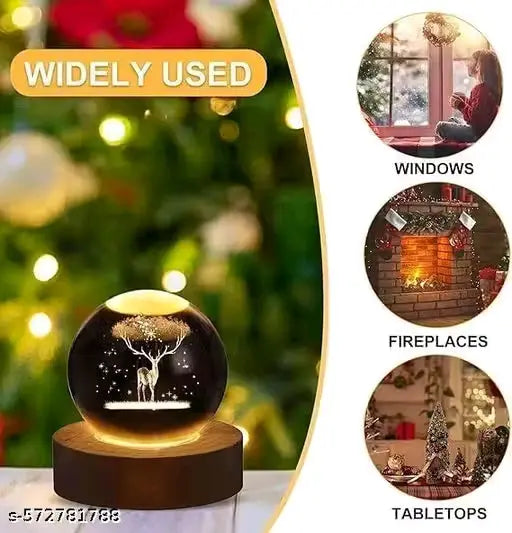 OMZEN IMPEX Crystal Ball Lamp with Wooden LED Base | Engraved 3D Moon & Stars Night Light | USB Rechargeable Home Décor | Birthday Gift for Teens, Boys & Girls (3D Deer Lamp)