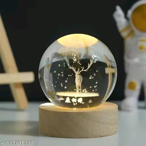 OMZEN IMPEX Crystal Ball Lamp with Wooden LED Base | Engraved 3D Moon & Stars Night Light | USB Rechargeable Home Décor | Birthday Gift for Teens, Boys & Girls (3D Deer Lamp)