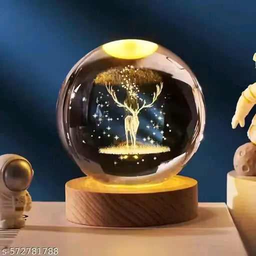 OMZEN IMPEX Crystal Ball Lamp with Wooden LED Base | Engraved 3D Moon & Stars Night Light | USB Rechargeable Home Décor | Birthday Gift for Teens, Boys & Girls (3D Deer Lamp)