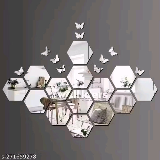 Wall Sticker's Hexagon 14 Silver (12 cm x 10 cm Each Piece ), Mirror Stickers for Wall, Acrylic Mirror Wall Decor Sticker, Wall Mirror Stickers, Acrylic Stickers, Wall Stickers for Hall Room, Bed Room, Kitchen