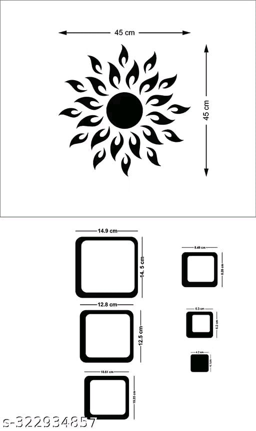 Sun with 12 Square Golden (Sun Size 45 cm x 45 cm) mirror stickers for wall, acrylic mirror wall decor sticker.