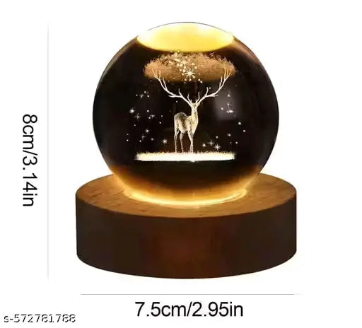 OMZEN IMPEX Crystal Ball Lamp with Wooden LED Base | Engraved 3D Moon & Stars Night Light | USB Rechargeable Home Décor | Birthday Gift for Teens, Boys & Girls (3D Deer Lamp)