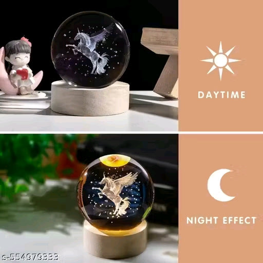 Magical 3D Pegasus Horse Crystal Ball LED Night Lamp with USB-Powered Wooden Base β Laser Engraved Glowing Globe Light for Bedroom, Home Decor & Unique Gift for Birthday, Wedding, Anniversary (pack of 01)