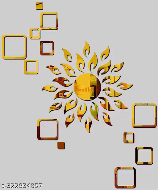 Sun with 12 Square Golden (Sun Size 45 cm x 45 cm) mirror stickers for wall, acrylic mirror wall decor sticker.