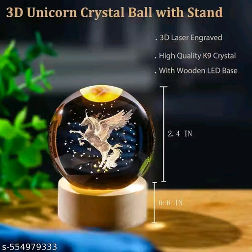 Magical 3D Pegasus Horse Crystal Ball LED Night Lamp with USB-Powered Wooden Base β Laser Engraved Glowing Globe Light for Bedroom, Home Decor & Unique Gift for Birthday, Wedding, Anniversary (pack of 01)