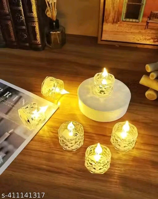 PANKH 6 Pc Crystal Acrylic Flameless and Smokeless LED Tealight Candles || Battery Candles for Decoration Perfect for Diwali & Home Decor || Pack of 6(Yellow)/ LED CANDLE./