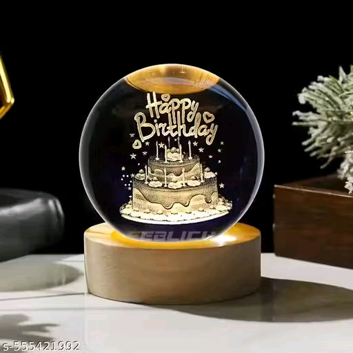 Rolexexplorer Beautiful Crafted Happy Birthday Gift Showpiece 3D Engraed in Crystal/ Ball with Wooden Light Stand (Size 60mm, USB, Warm White)