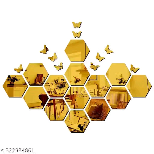 Hexagon 14 With 10 Butterflies Golden (12 cm x 10.5 cm Each Piece ), Mirror Stickers for Wall, Acrylic Mirror Wall Decor Sticker, Wall Mirror Stickers, Acrylic Stickers, Wall Stickers for Hall Room, Bed Room, Kitchen