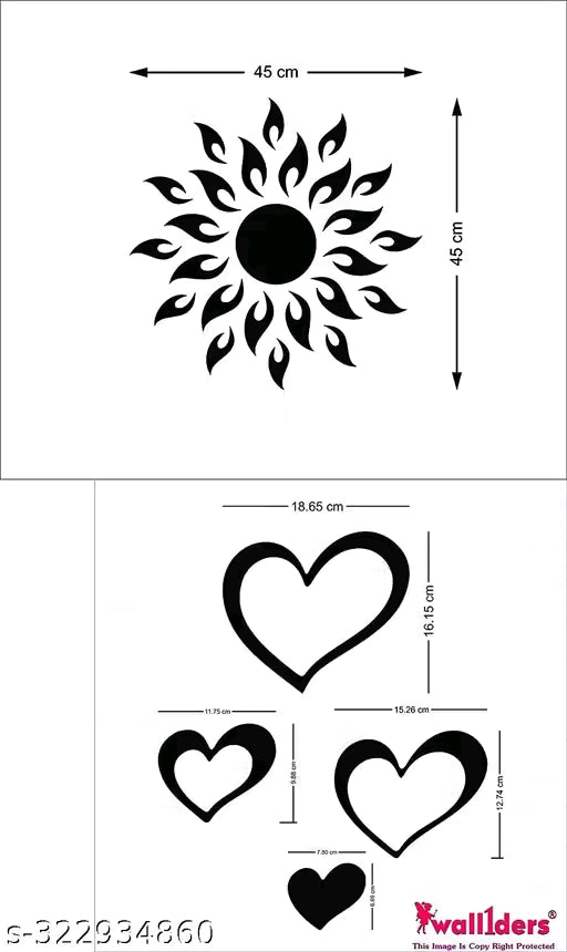 Sun with Love Heart Silver 2 SET (Sun Size 45 cm x 45 cm) mirror stickers for wall, acrylic mirror wall decor sticker.