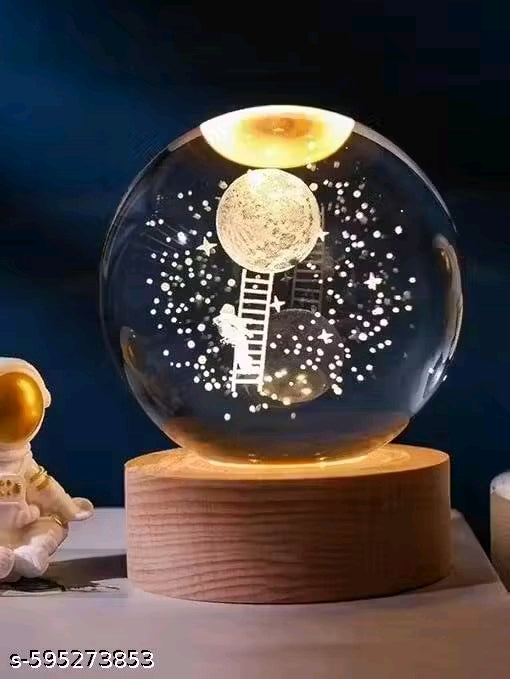 3D Moon Crysstal Ball Night Lamp ( Lunaar Landing), Creative Engraved Crystals Ball Night Light, USB Table LED Wooden Crystals Ball for Home Office Decoration Birthday Gift Adults