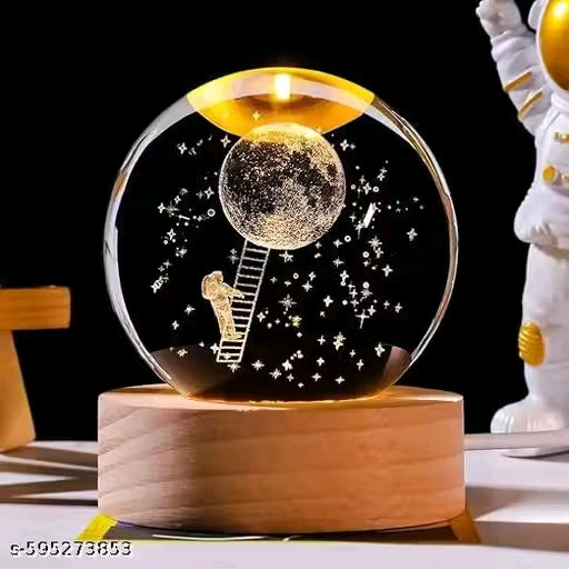 3D Moon Crysstal Ball Night Lamp ( Lunaar Landing), Creative Engraved Crystals Ball Night Light, USB Table LED Wooden Crystals Ball for Home Office Decoration Birthday Gift Adults