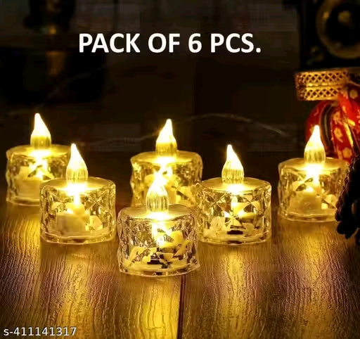PANKH 6 Pc Crystal Acrylic Flameless and Smokeless LED Tealight Candles || Battery Candles for Decoration Perfect for Diwali & Home Decor || Pack of 6(Yellow)/ LED CANDLE./
