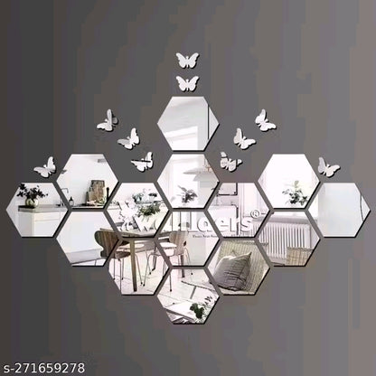 Wall Sticker's Hexagon 14 Silver (12 cm x 10 cm Each Piece ), Mirror Stickers for Wall, Acrylic Mirror Wall Decor Sticker, Wall Mirror Stickers, Acrylic Stickers, Wall Stickers for Hall Room, Bed Room, Kitchen