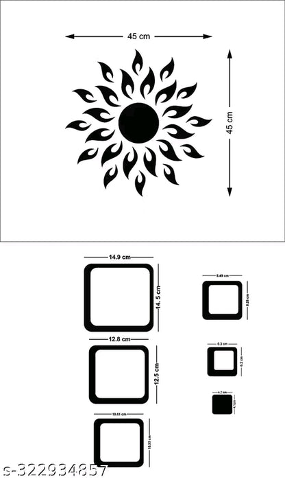 Sun with 12 Square Golden (Sun Size 45 cm x 45 cm) mirror stickers for wall, acrylic mirror wall decor sticker.