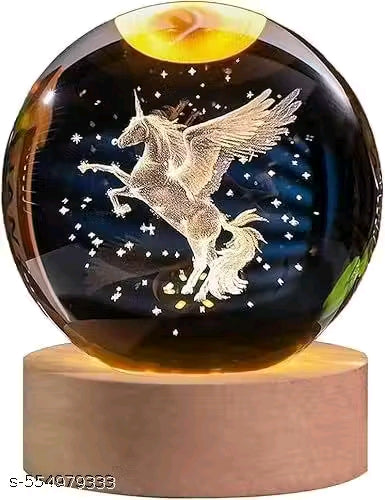 Magical 3D Pegasus Horse Crystal Ball LED Night Lamp with USB-Powered Wooden Base – Laser Engraved Glowing Globe Light for Bedroom, Home Decor & Unique Gift for Birthday, Wedding, Anniversary (pack of 01)