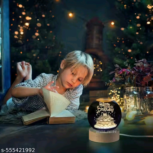 Rolexexplorer Beautiful Crafted Happy Birthday Gift Showpiece 3D Engraed in Crystal/ Ball with Wooden Light Stand (Size 60mm, USB, Warm White)