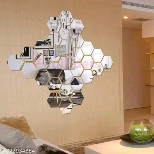30 Hexagon Silver with 10 Butterflies (Each Piece Size 10.5 cm x 12.1 cm) Hexagon mirror wall stickers, Mirror stickers for wall, wall mirror stickers for Home & Offices