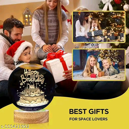 Rolexexplorer Beautiful Crafted Happy Birthday Gift Showpiece 3D Engraed in Crystal/ Ball with Wooden Light Stand (Size 60mm, USB, Warm White)